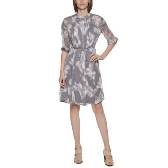 Calvin Klein Chiffon Dress - Size 10 - Gray/White - Picture 1 of 10